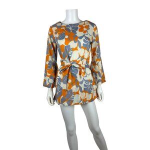 Vintage 60s Floral Tunic Womens M Orange Gray Flower Power Bell Sleeve Top